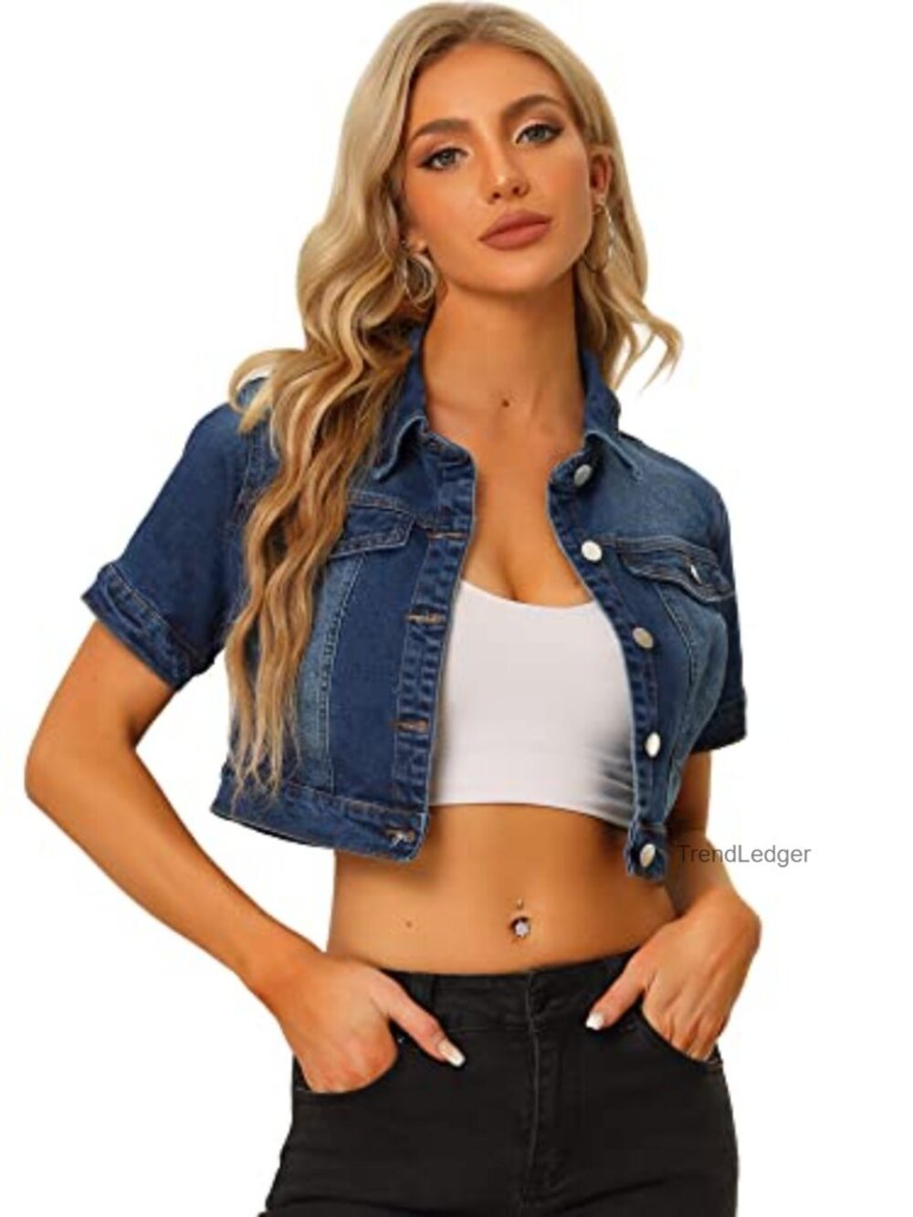 Womens Cropped Denim Jacket Short Sleeve Button Down Cotton Blend Jean